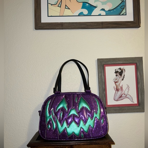 LOVE PAIN AND STITCHES boxy purple glitter w/ metallic green face - Picture 2 of 2